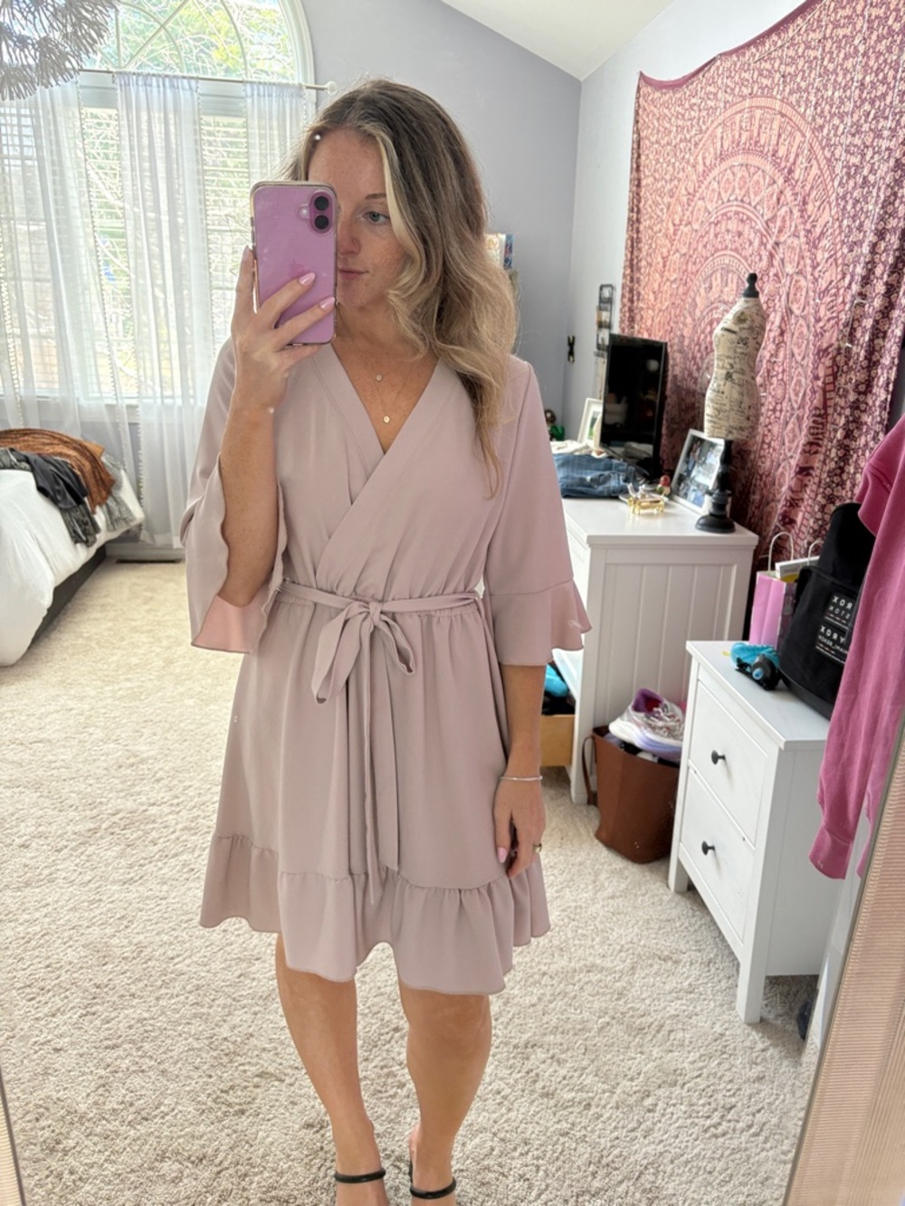 ZEBA Nabela Noor Blush Mauve Wrap Dress with Ruffled Sleeves